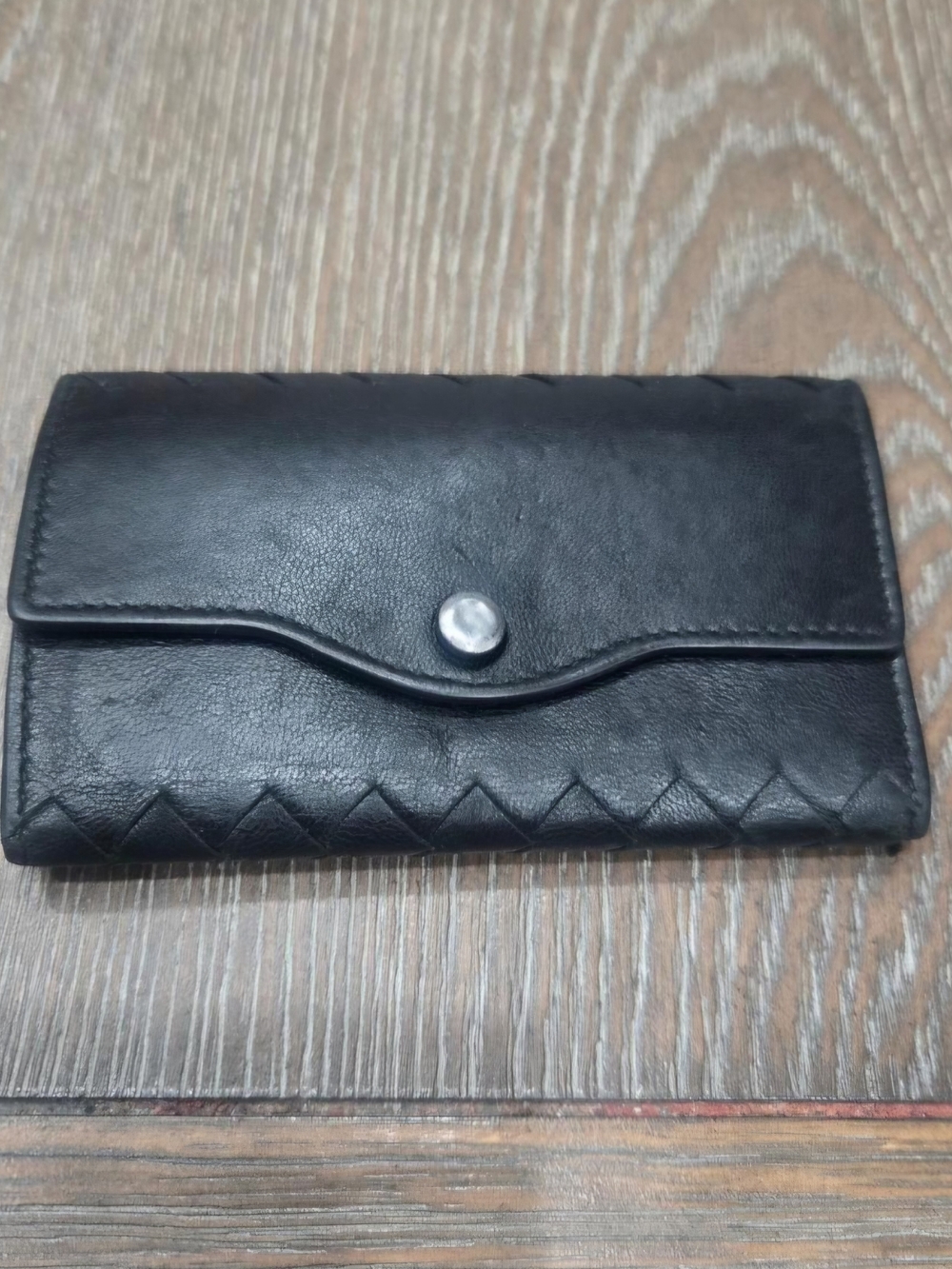 Bottega Veneta Black Leather Snap Wallet with Woven Detail